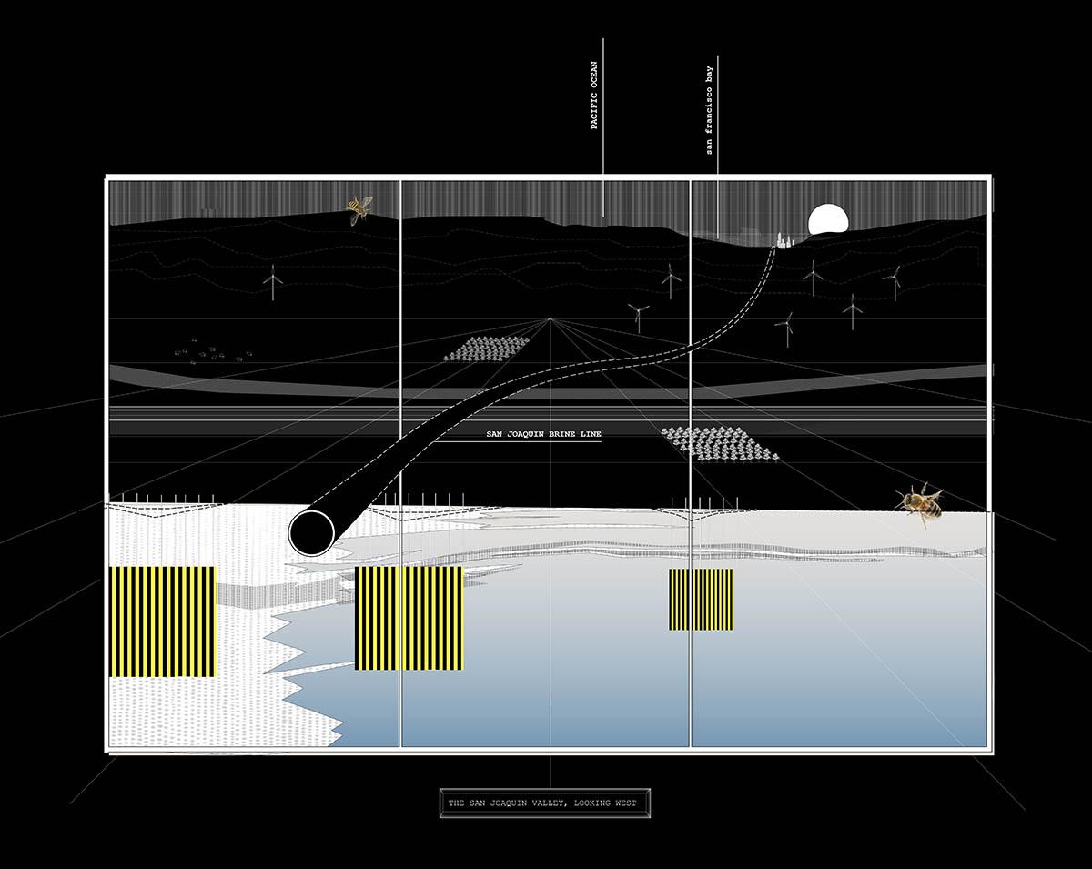 The San Joaquin Valley viewed from the east to the west over the State Water Project canal with the proposed brine line running to San Francisco Bay. This image attempts to convey the multitude of infrastructures that mediate the ground and water management apart from channelized delivery as well as the depth of California’s constructed natural history.