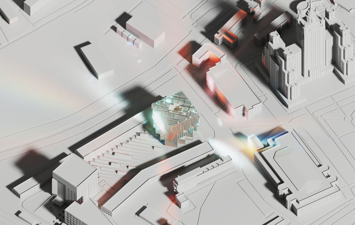 Image of Axonometric view of the embassy compound, showing the refractive capacity of the chancery’s lenticular double skin.