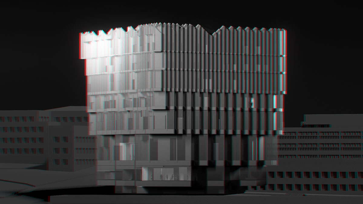 Image of Elevational rendering of the chancery, demonstrating the selective opacity and transparency of the façade.