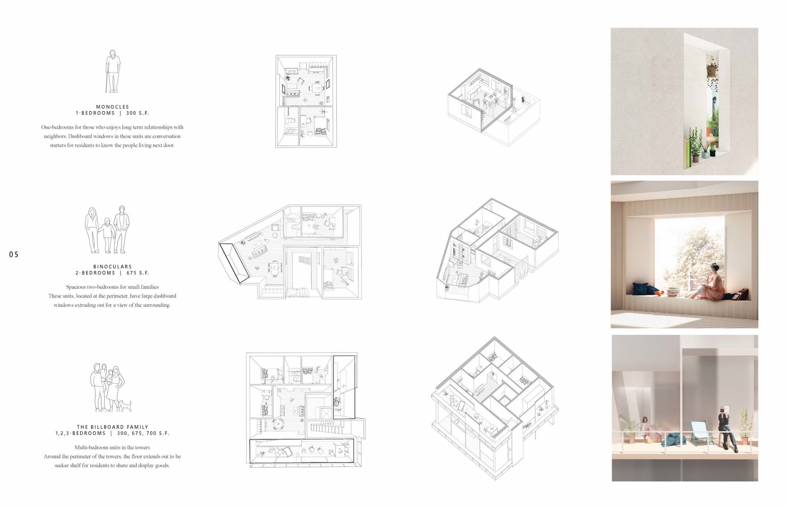 plans and interior renderings of 1, 2, and 3 bedroom units