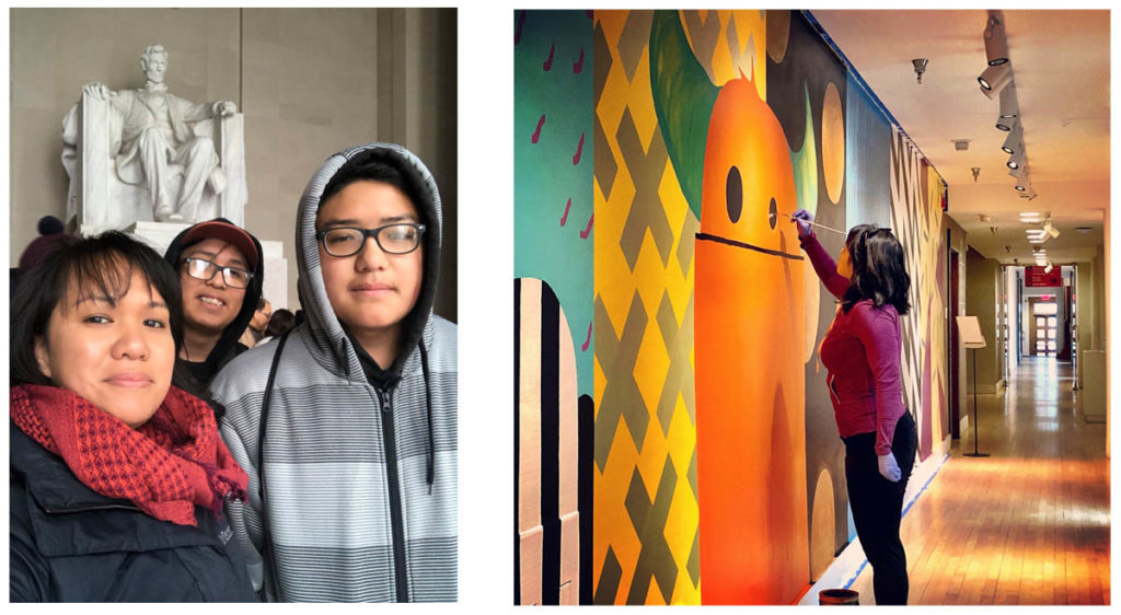 Photo of Heidi Brandow with sons on the left . On the right Brandow paints a mural at the Museum of Contemporary Native Arts in Santa Fe, N.M., in February 2019