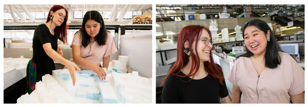 Elsa Hoover (left) and Zoë Toledo, M.Arch. ’23, discuss a model in the trays