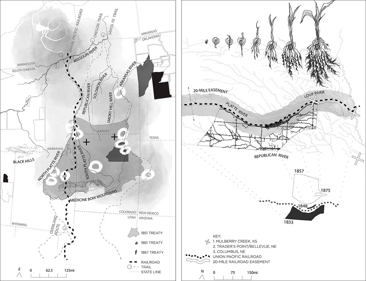 Two maps from a set of 10 prepared for the book "Empire's Tracks: Indigenous Nations, Chinese Workers, and the Transcontinental Railroad" by Manu Karuka