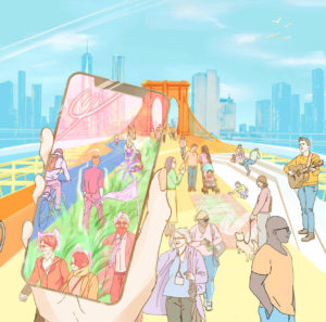 Drawing of hand holding a smartphone showing pedestrians on the Brooklyn Bidge