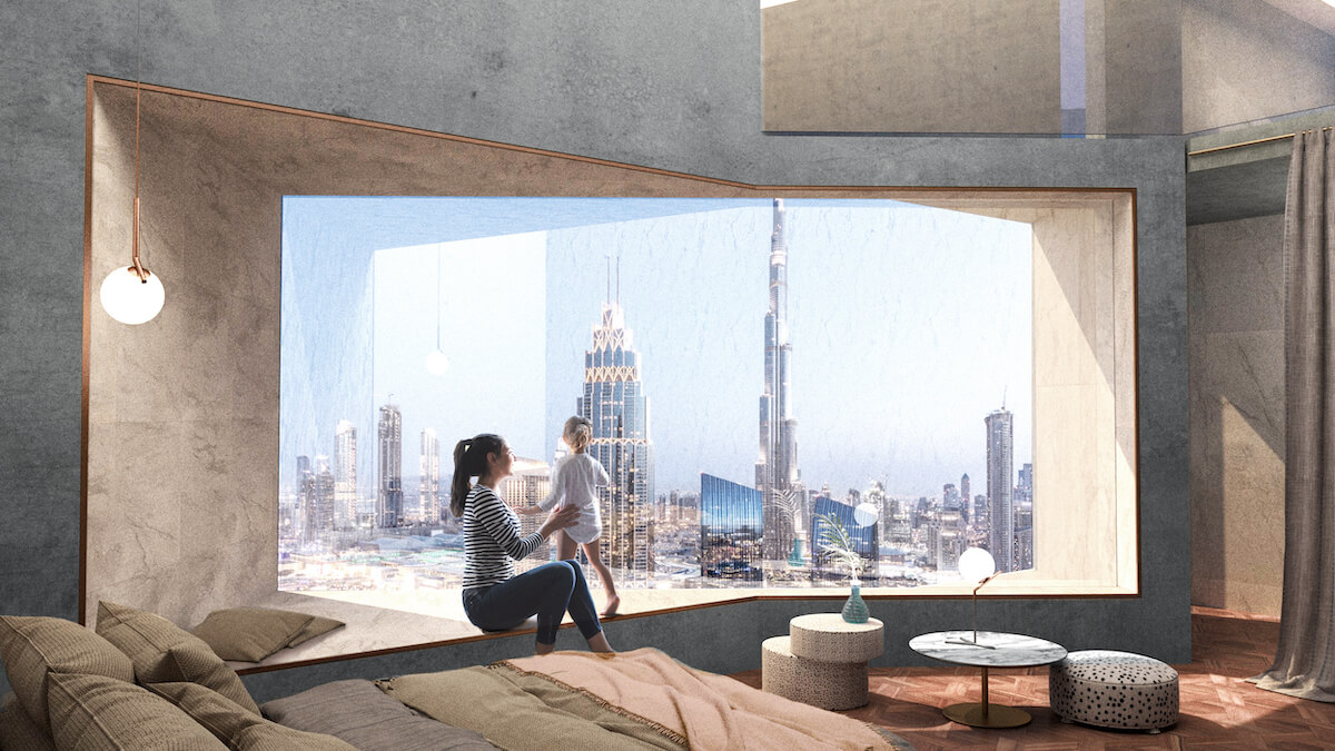 interior rendering showing woman and child looking out a window on an urban landscape