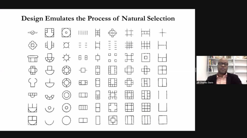 Screenshot of a presentation on Zoom by Charles Davis. Davis is visible on the right side of the screen. The presentation shows a series of simple design elements, with the title "Design Emulates the Process of Natural Selection."