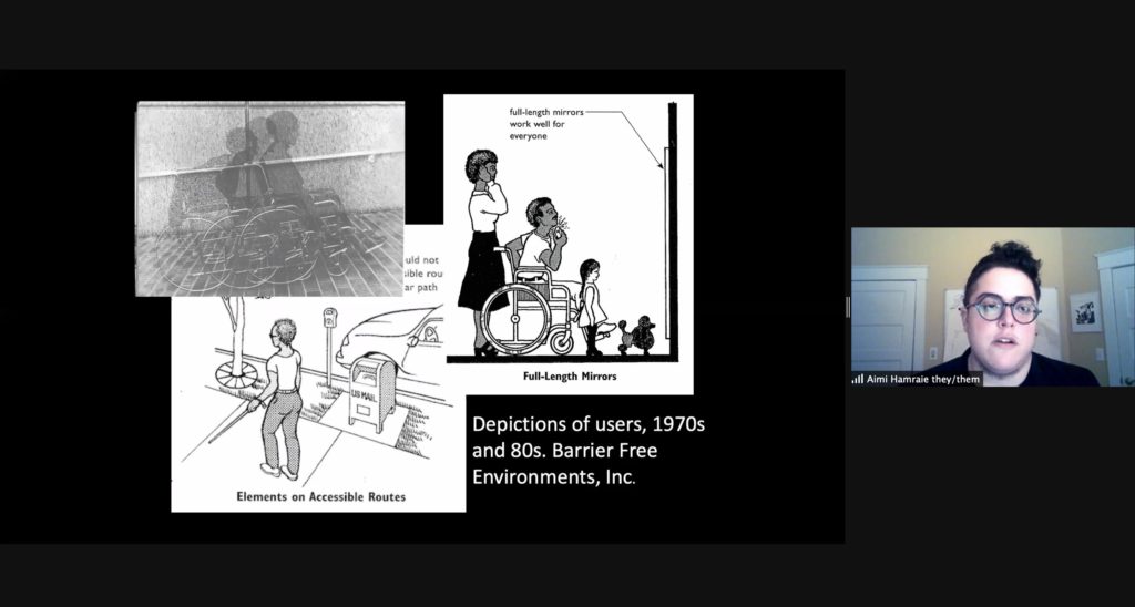 Screenshot of Aimi Hamraie presenting on Zoom. Hamraie is visible on the right side of the image. The presentation shows three examples of depictions of disabled users from the 1970s and 80s.
