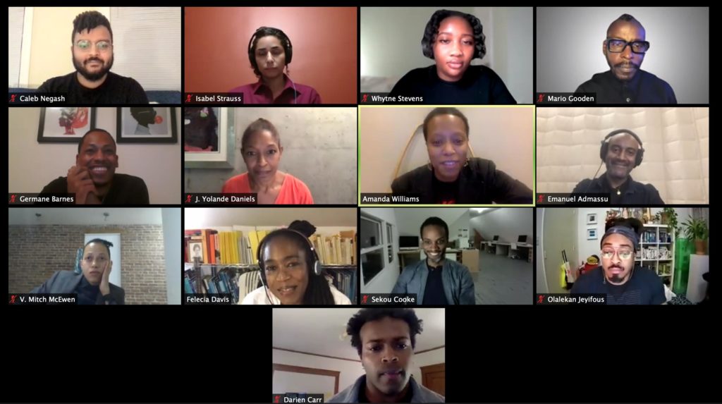 Screenshot from a panel discussion on Zoom featuring members of the GSD African American Student Union and AfricaGSD, with members of the Black Reconstruction Collective. There are 13 Zoom windows visible, with one person in each window.
