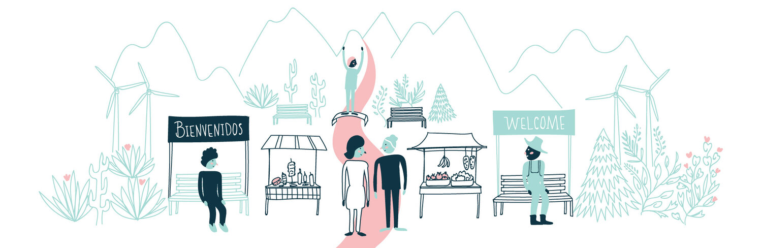 Illustrator of people sitting in and walking through a park