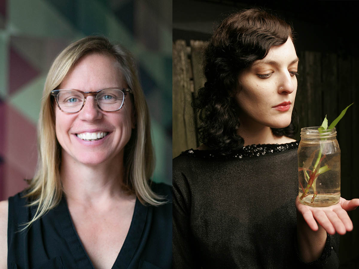 Side-by-side headshots of Sierra Bainbridge (left) and Lisa Switkin (right). Sierra has shoulder-length blonde hair and wears glasses and a black shirt. Lisa as shoulder-length brown hair and wears a black shirt, and holds a plant in a glass jar.