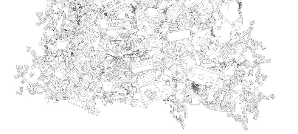 A detailed black and white drawing of soil from a landfill, consisting of many objects piled together.