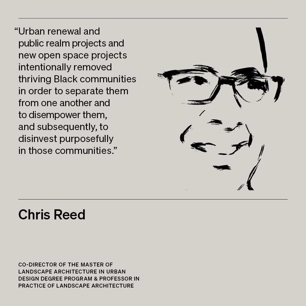 Illustration of Chris Reed, Co-Director of the Master of Landscape Architecture in Urban Design Degree Program & Professor in Practice of Landscape Architecture, with text 