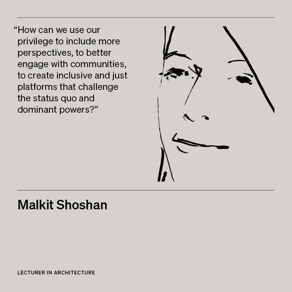 Illustration of Malkit Shoshan, Lecturer in Architecture, with text 