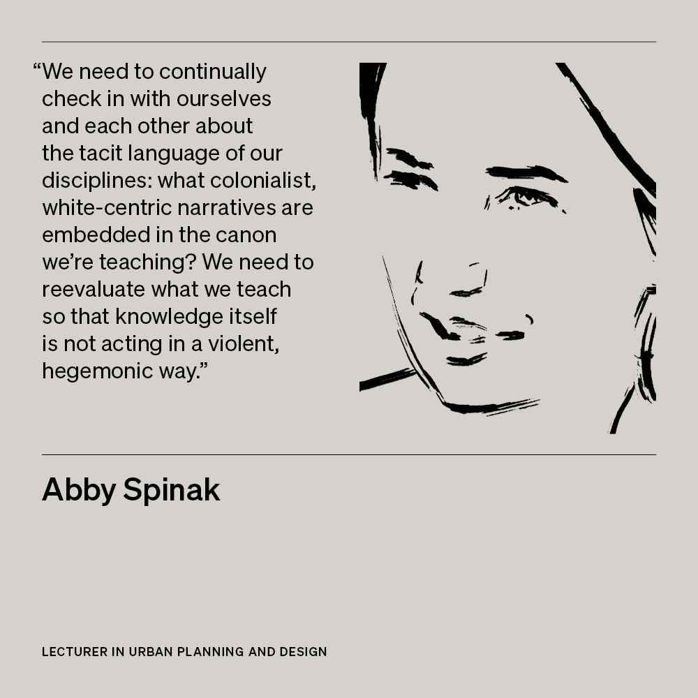 Illustration of Abby Spinak, Lecturer in Urban Planning and Design, with text 