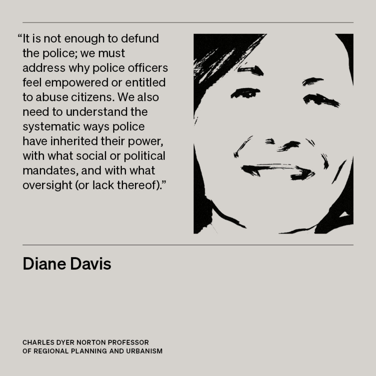Illustration of Diane Davis, Charles Dyer Norton Professor of Regional Planning and Urbanism, with text 
