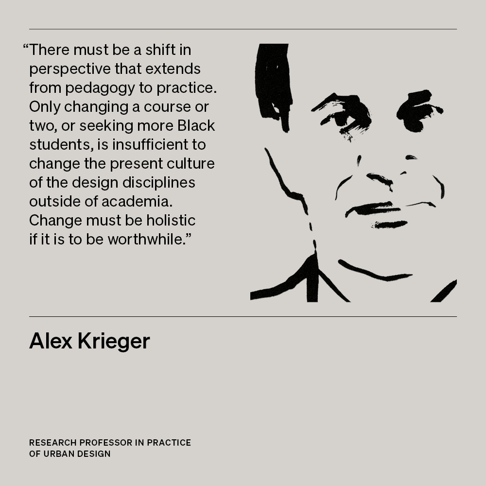 Illustration of Alex Krieger, Professor in Practice of Urban Design & Interim Chair of the Department of Urban Planning and Design, with text 