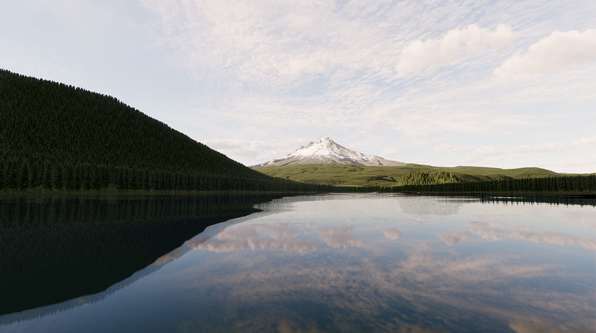 Rendering of lake looking out to a snowcapped mountain