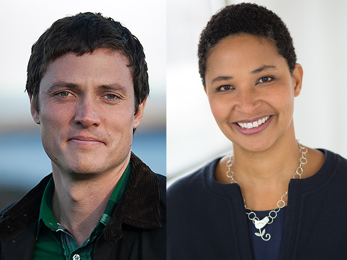 Two headshots placed side-by-side. The headshot on the left shows Michael Murphy, who has short brown hair and wears a green button-up shirt and a black coat. On the right is a headshot of Danielle Allen, who has short brown hair and wear a silver necklace with a dark blue shirt and sweater.