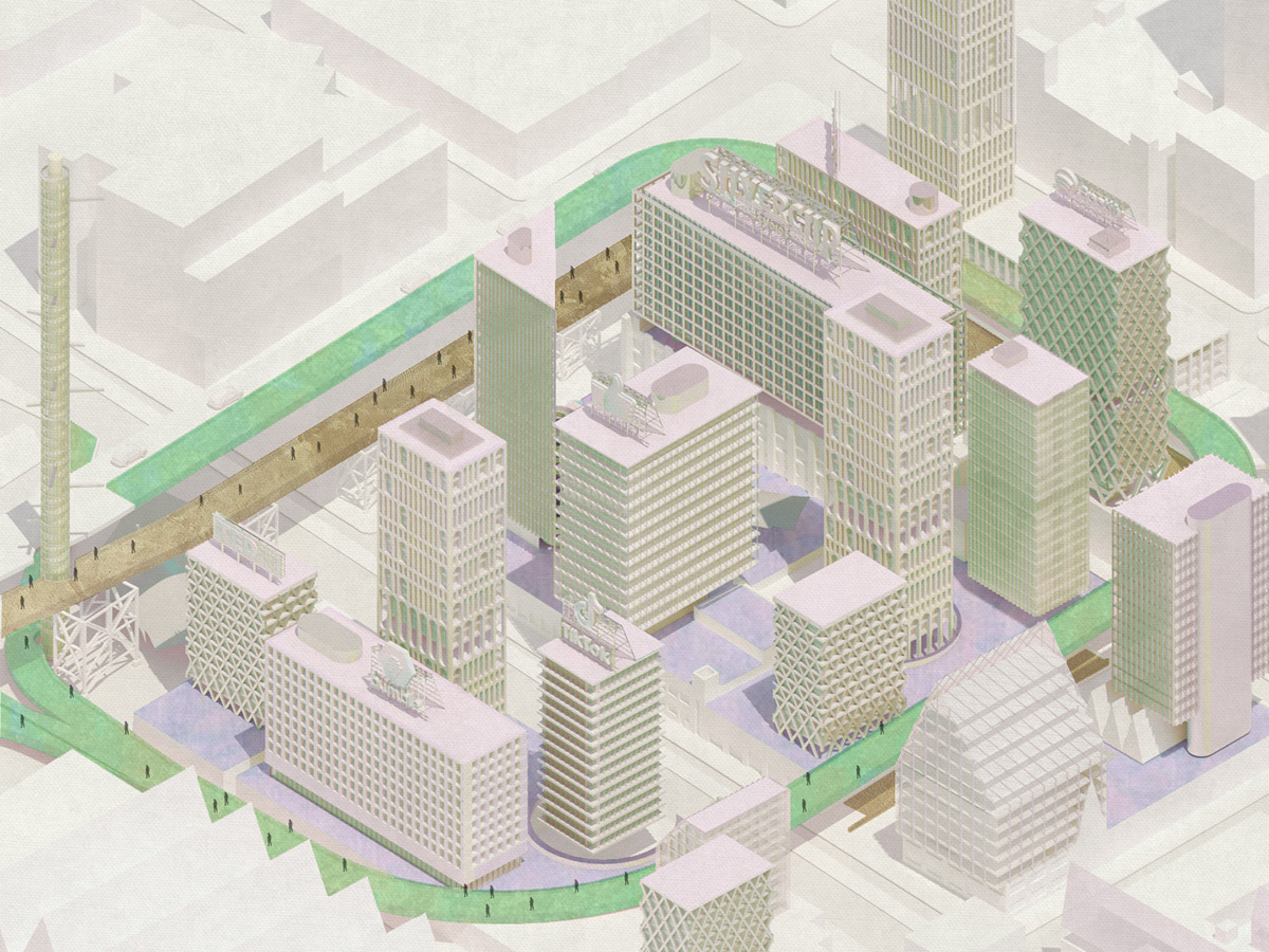 Detailed axonometric view of building cluster