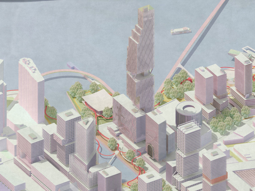 Detailed axonometric view of buildings near East River
