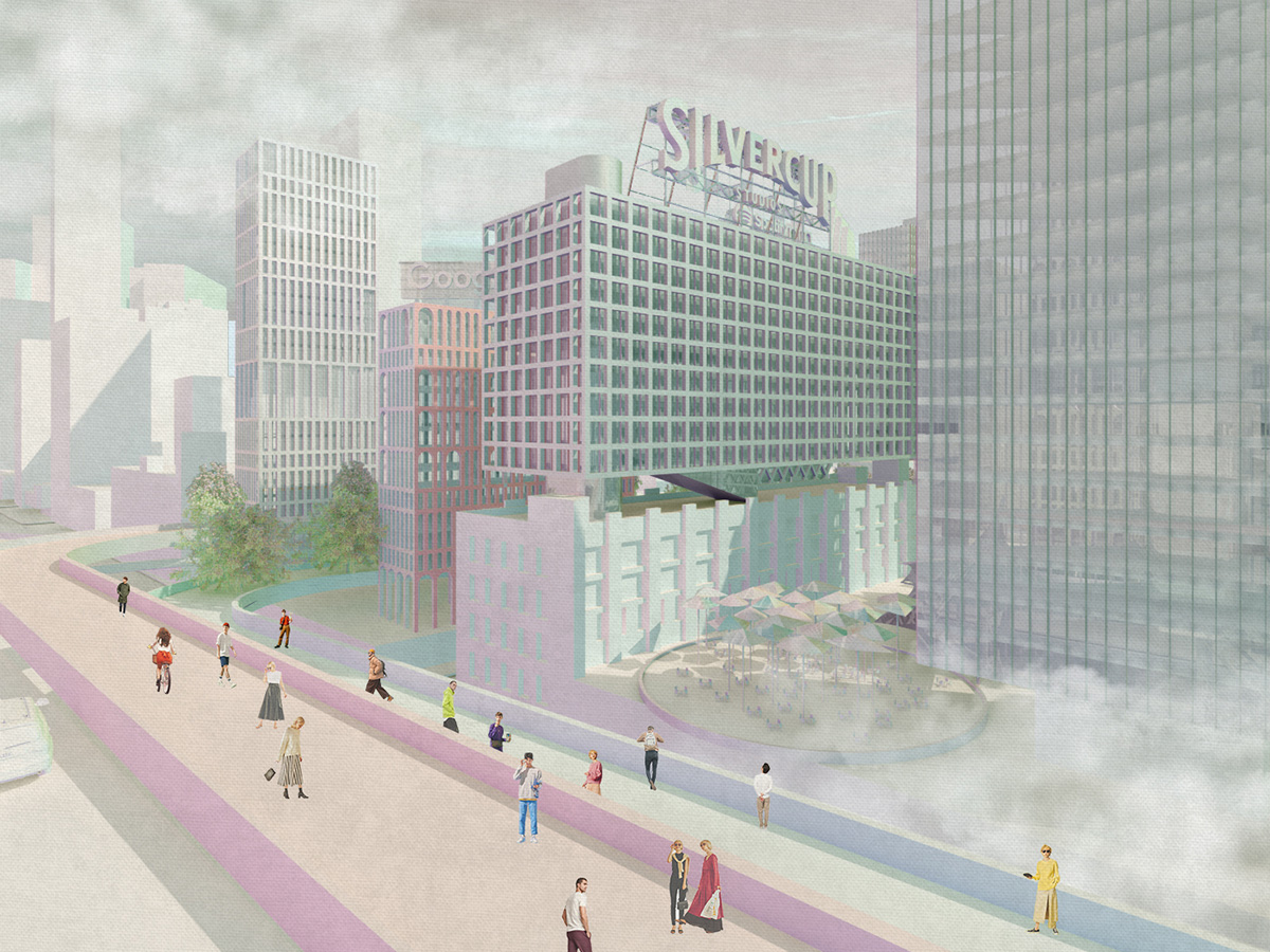 Rendering of people walking on bridge in front of LIC proposal