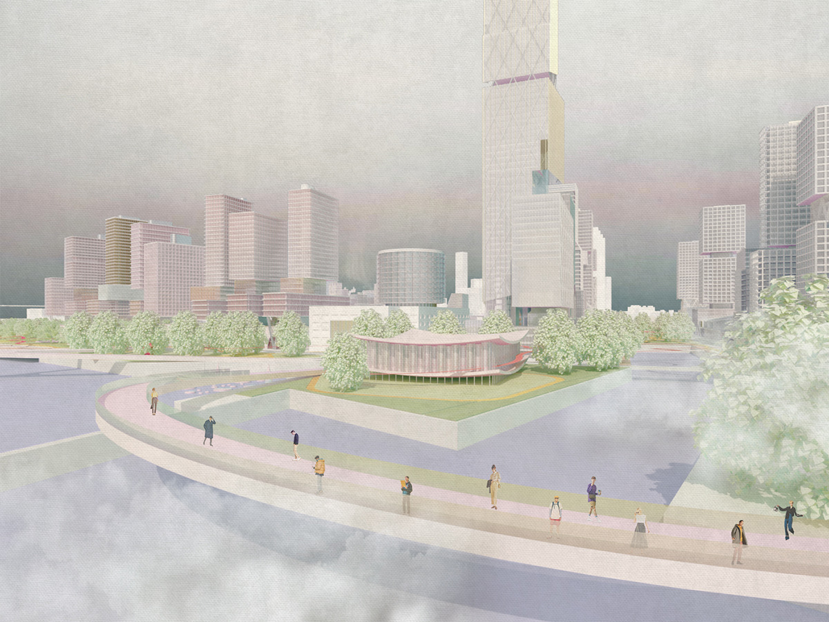 Rendering of people walking on bridge in front of LIC proposal