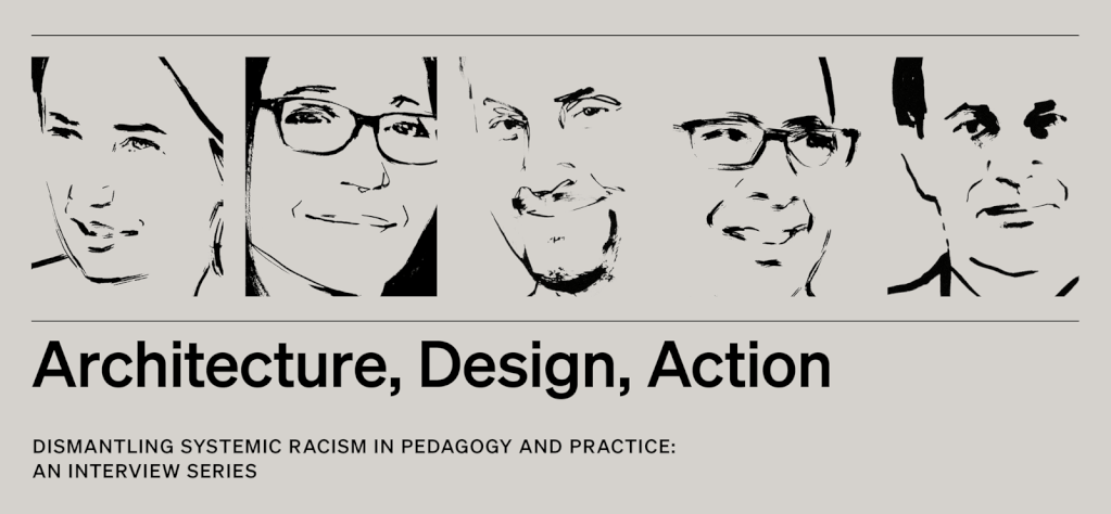 Gif of faculty portraits with text Architecture, Design, Action with subheader 