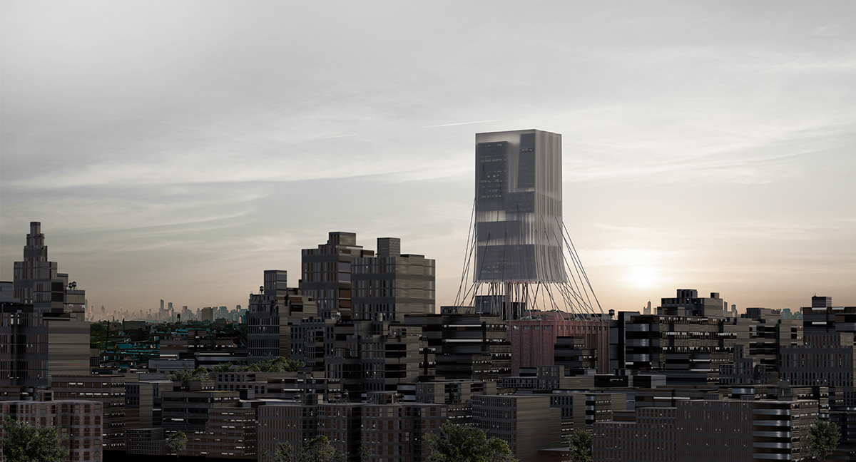 Rendering of building during sunrise