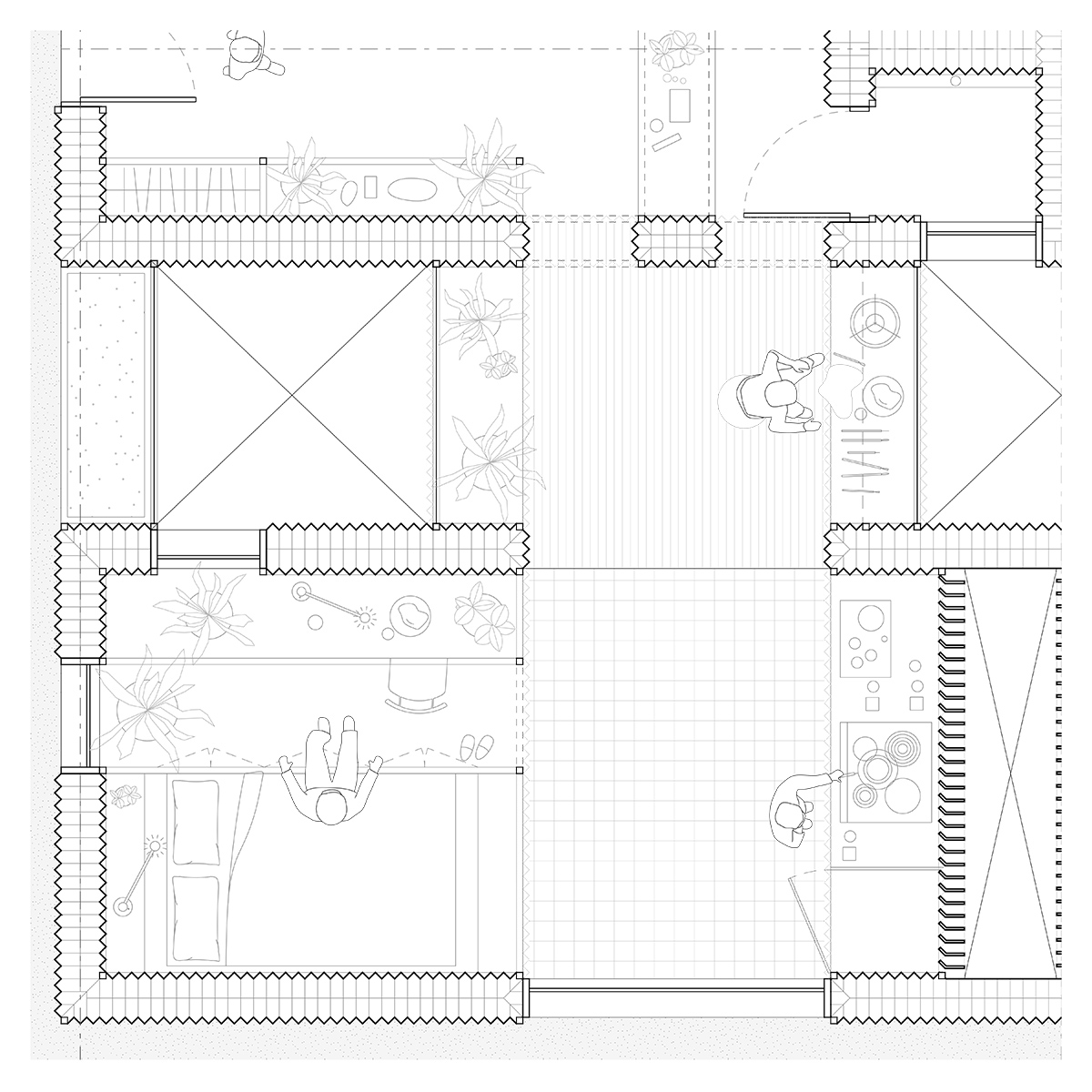 Plan indicating cooking and leisure spaces