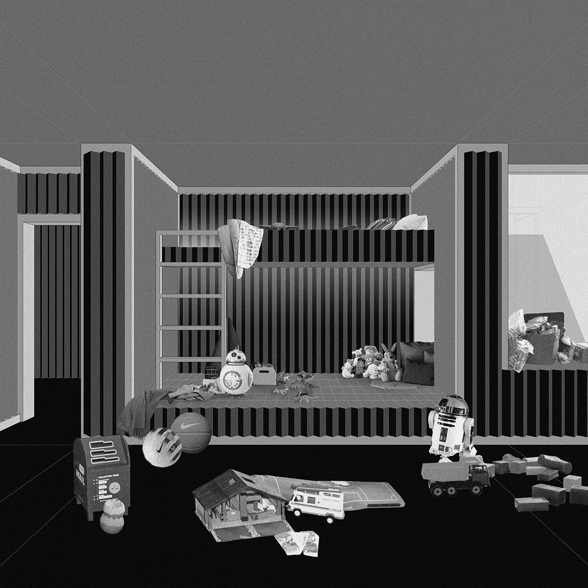 Image of lofted bed and toys