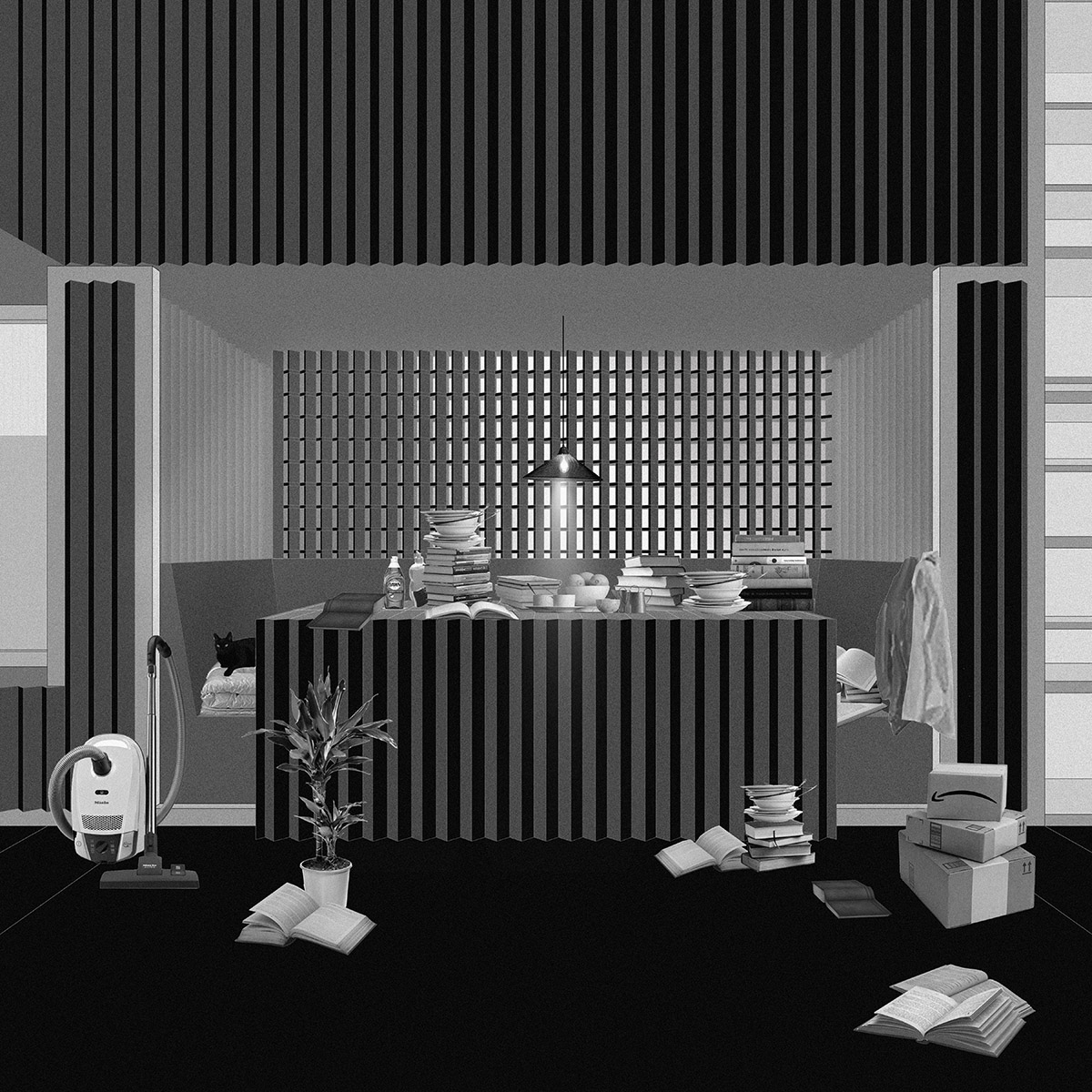 Image of desk with overhead lamp and objects scattered about