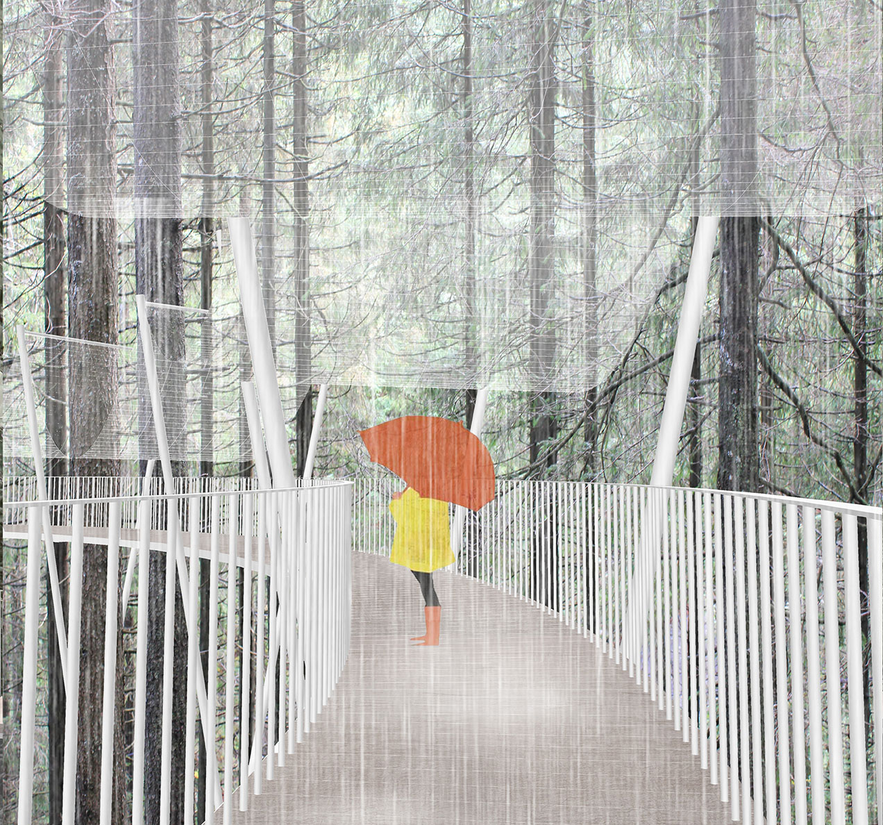 Rendering of person on the walkway in the rain