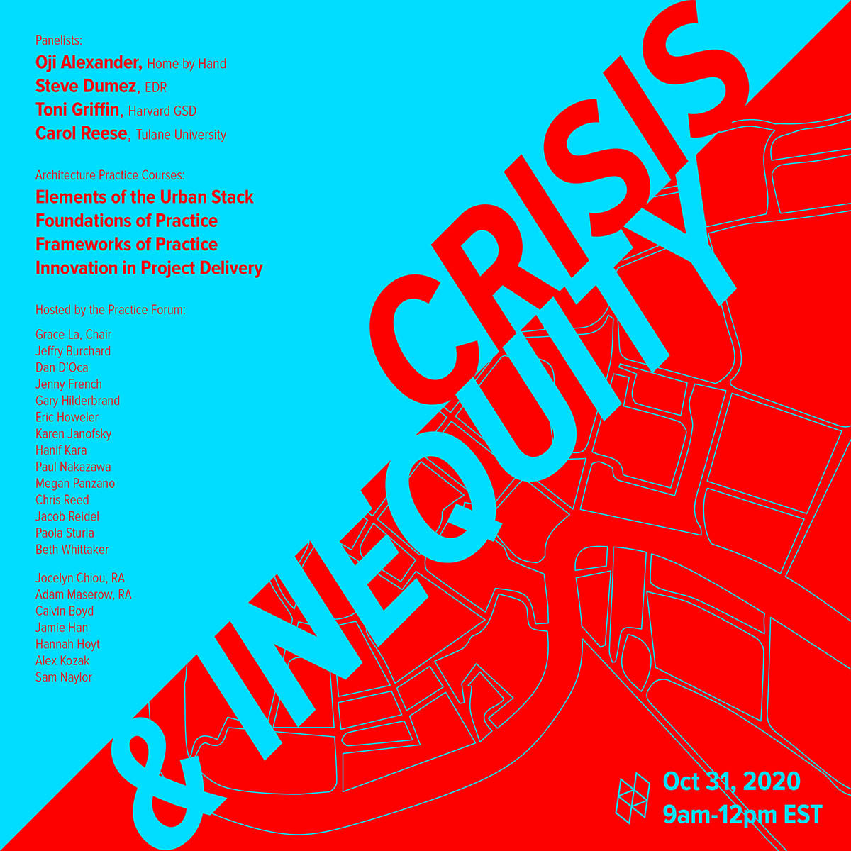 Red and blue square graphic advertising the event