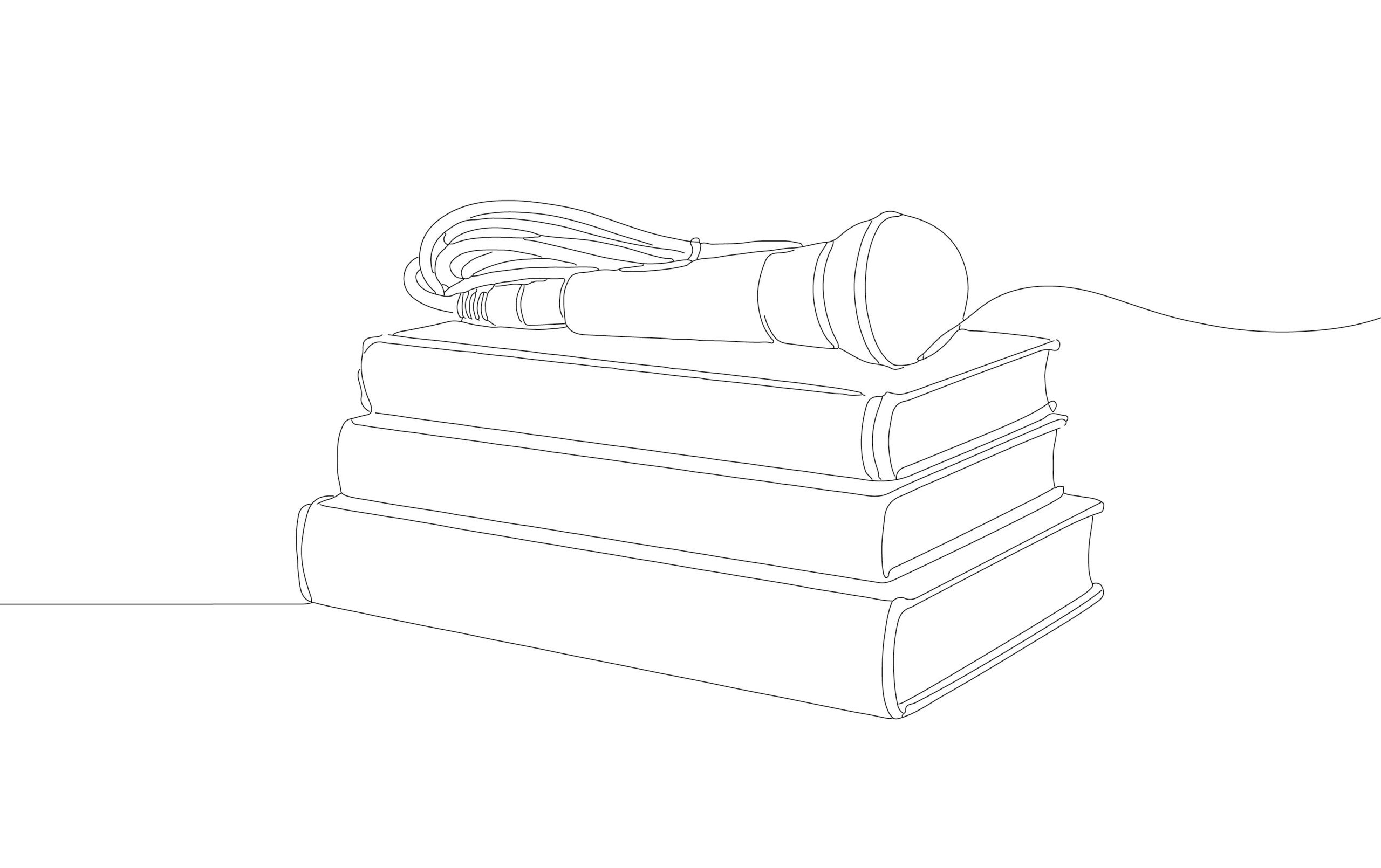 Drawing of a microphone laying on top of a pile of books