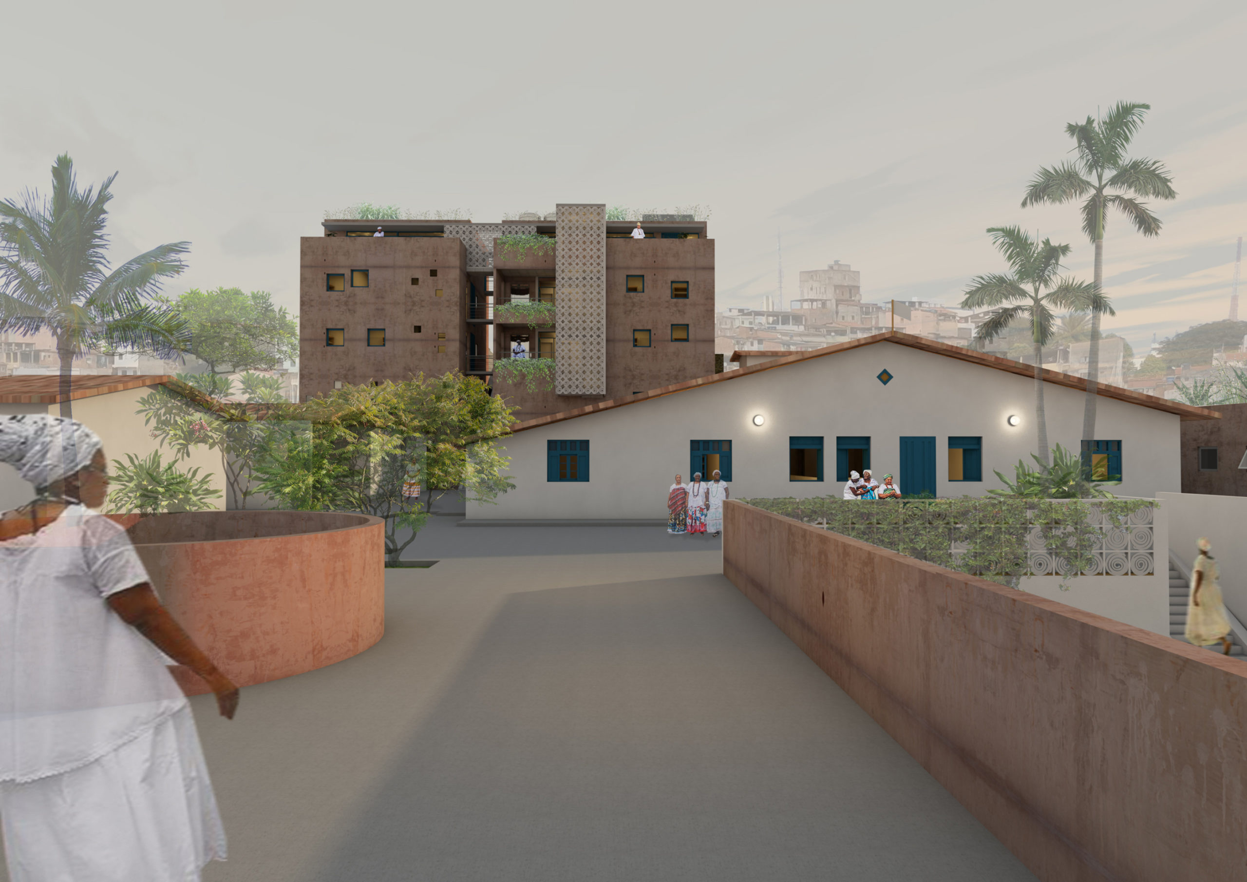 Rendered perspective of new main square facing barraco, Casa de Oxumarê