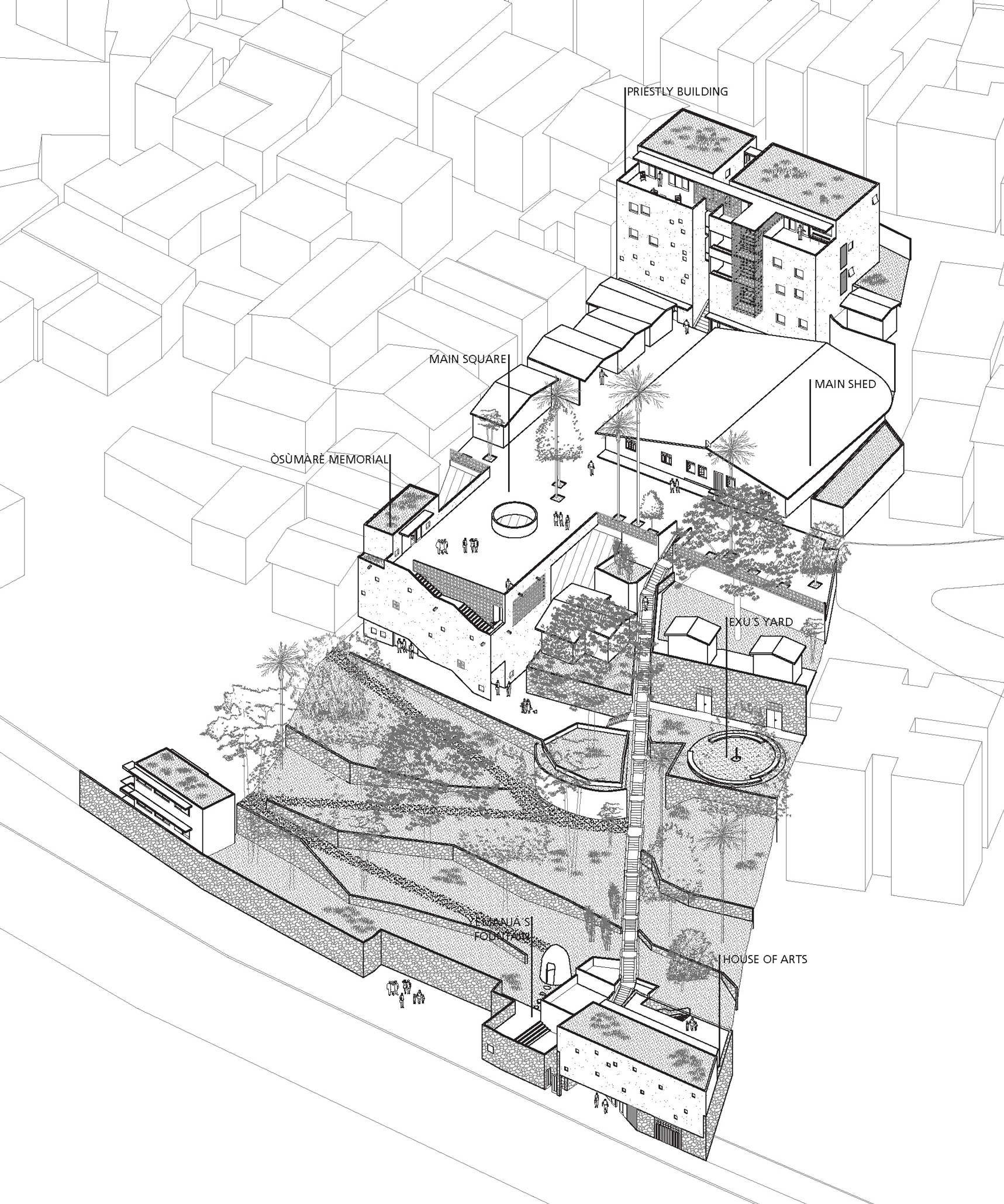 Isometric view of Casa de Oxumarê landscape architectural scheme, Salvador da Bahia, Brazil