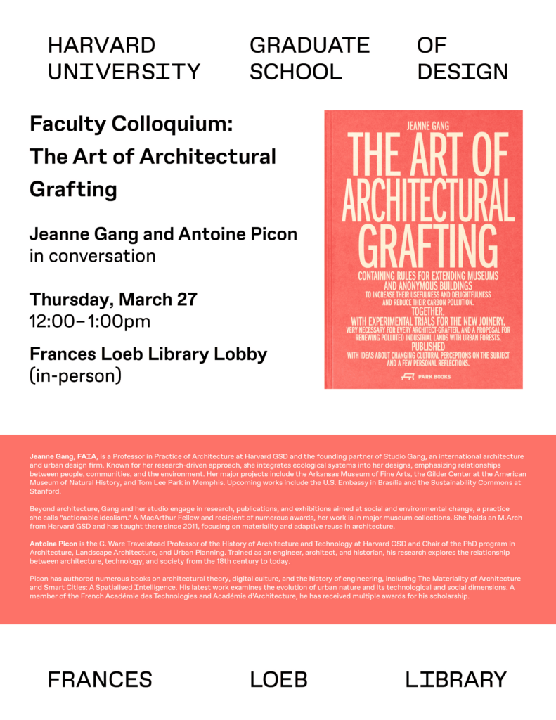 White and salmon pink event poster with black text including details of the event, a book image, and the harvard GSD logo at the top.
