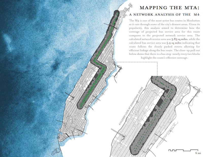 A map by Cecley Hill (MUP '21) offering analysis of New York City's M4 bus route