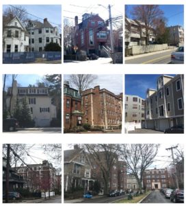 Collage of four story buildings found in Cambridge.
