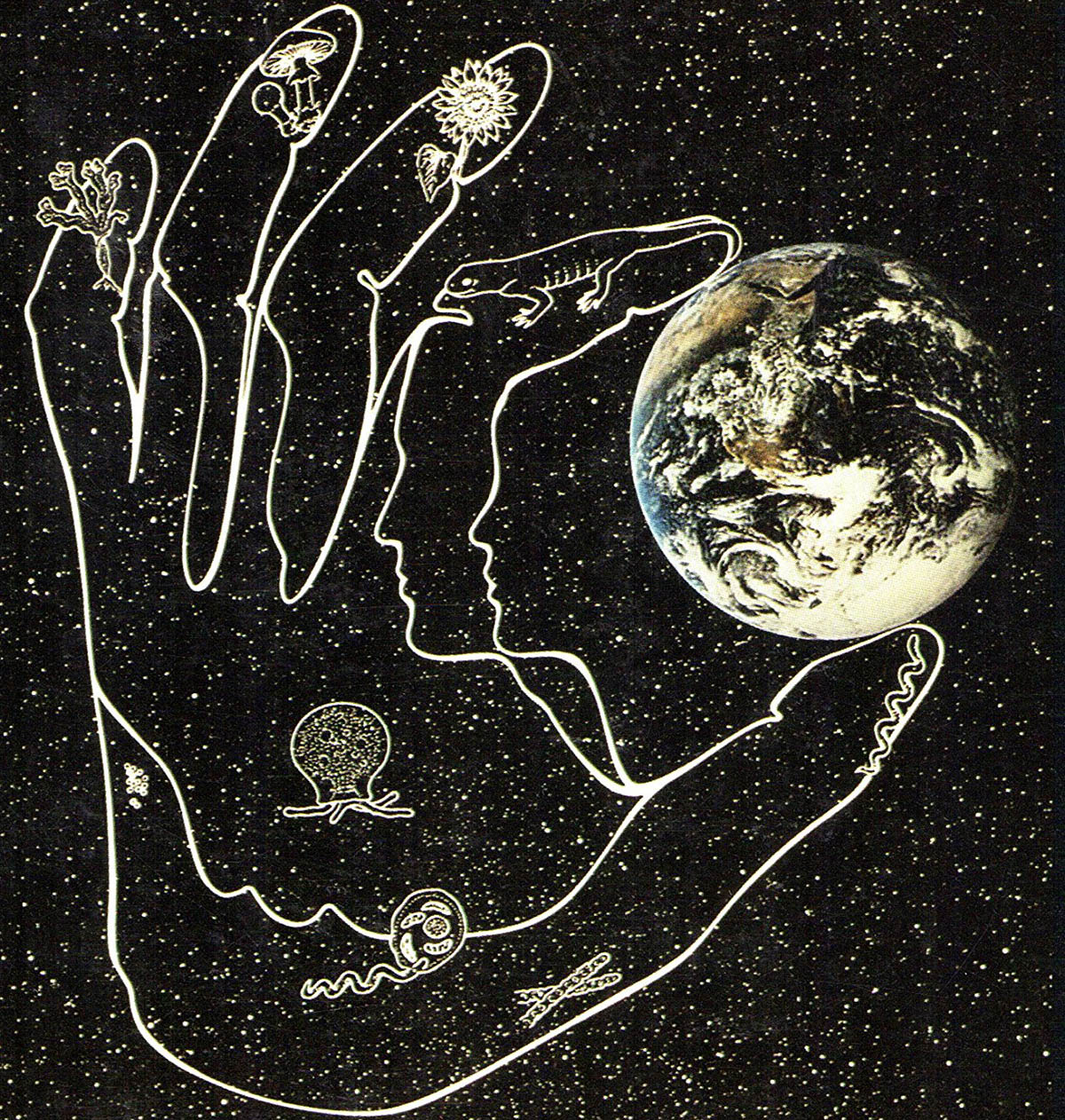 Drawing of a hand holding the earth between it's index finger and thumb.