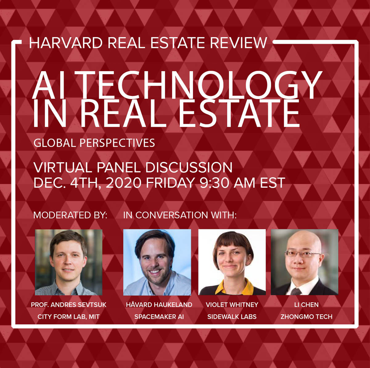 Image with a background of many red triangles and white text overlaid. The white text advertises the event "AI Technology in Real Estate." It includes four speaker headshots.