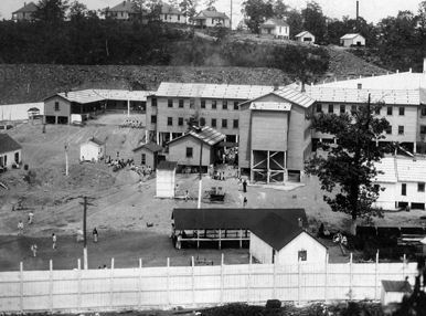 Black and white image of mining camp