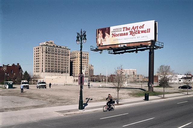 Landscape image looking at barren empty lot in Detroit