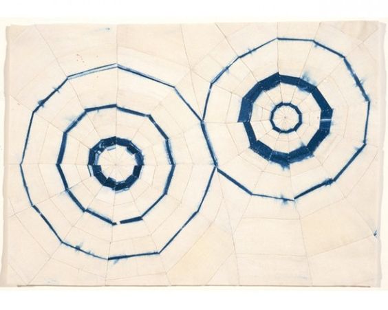 Abstract painting with two dark blue circles on an off-white background