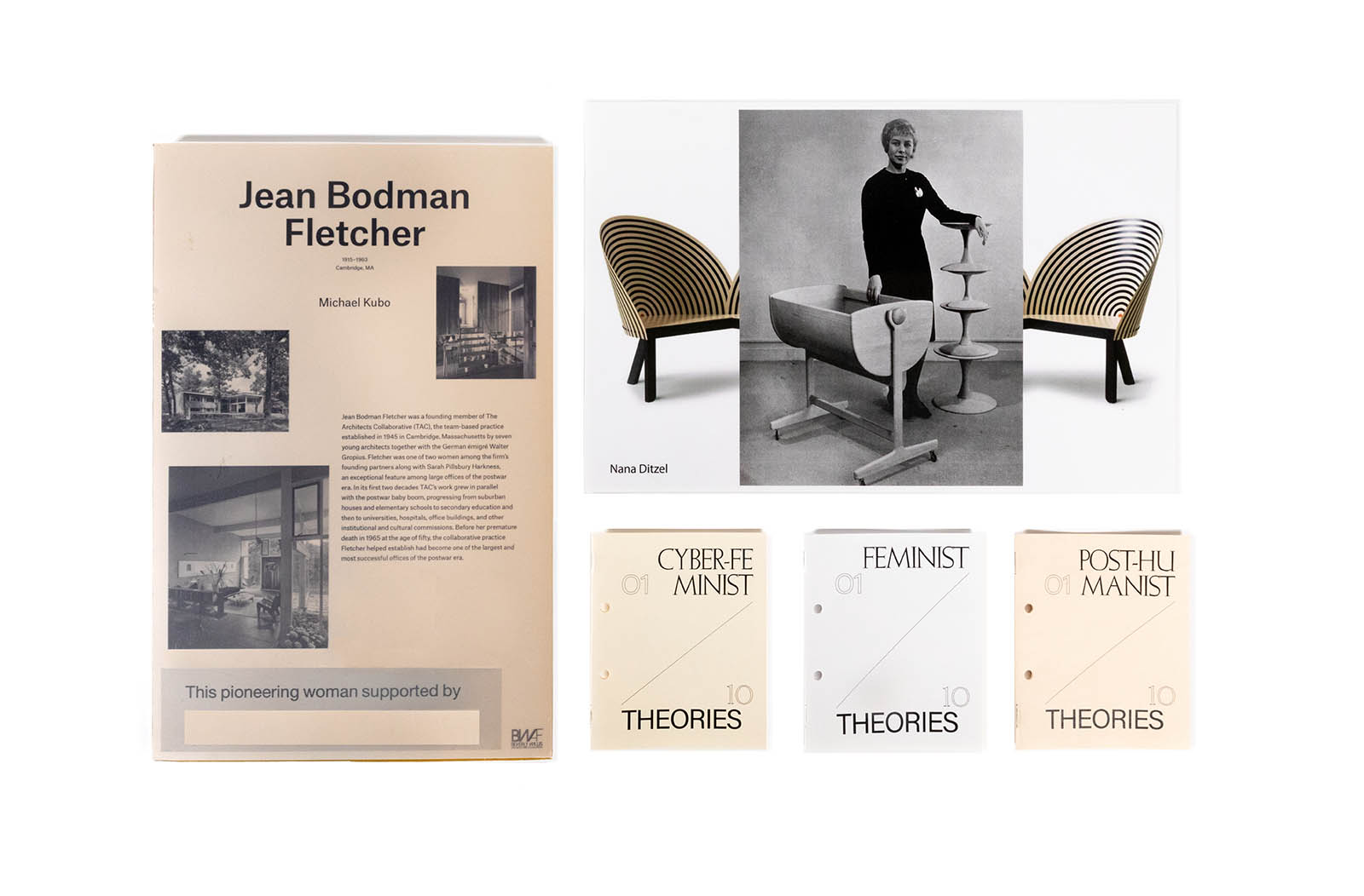 Materials from the Womxn in Design archive at the GSD, including chapter headings from the Womxn in Design Bibliography. Photo: Maggie Janik