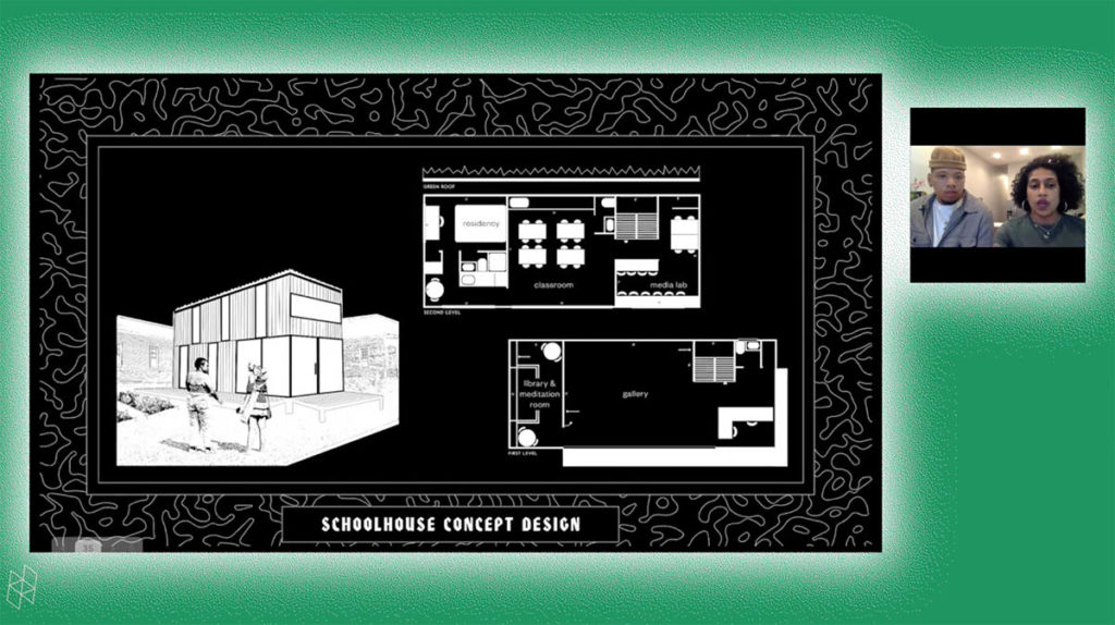 Screenshot from a virtual event. Joseph Cuillier and Shani Peters appear in a small square on the right. A larger rectangle contains their PowerPoint presentation, which shows preliminary designs for their Black Schoolhouse. Shani, Joseph, and the PowerPoint are surrounded by a green background.