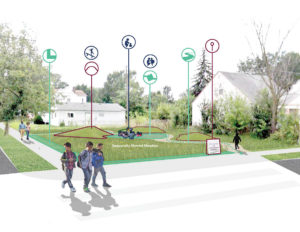 Perspective rendering of a combination of operations deployed on a vacant corner lot.