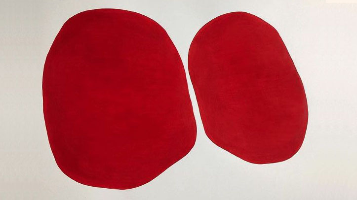 ABSTRACT artwork with two red shapes against a white background