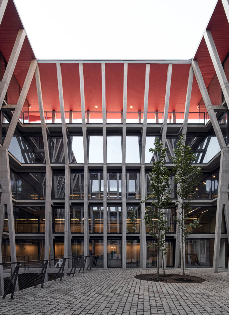 Photograph of a central courtyard of a building, with small trees in the courtyard and many surrounding windows.