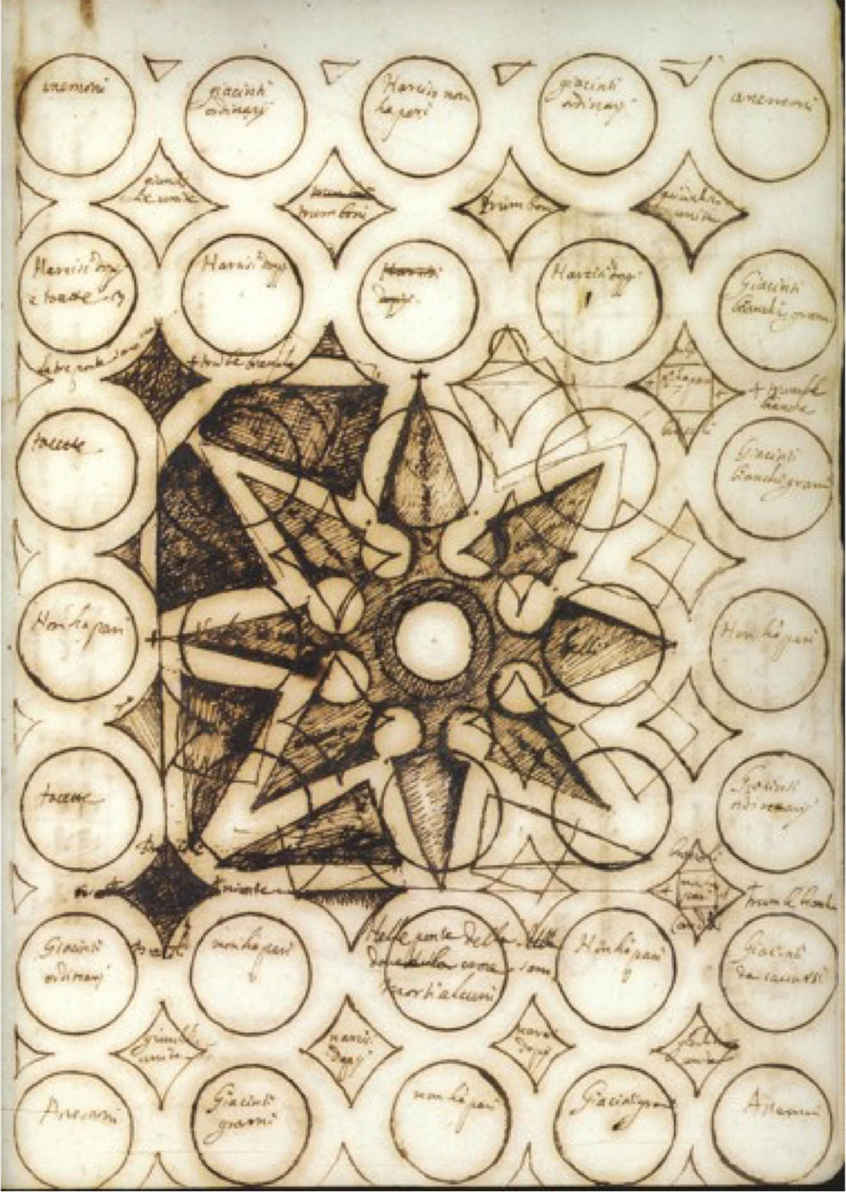 Sepia-colored plan for a garden, with many circles and a star-shaped center.